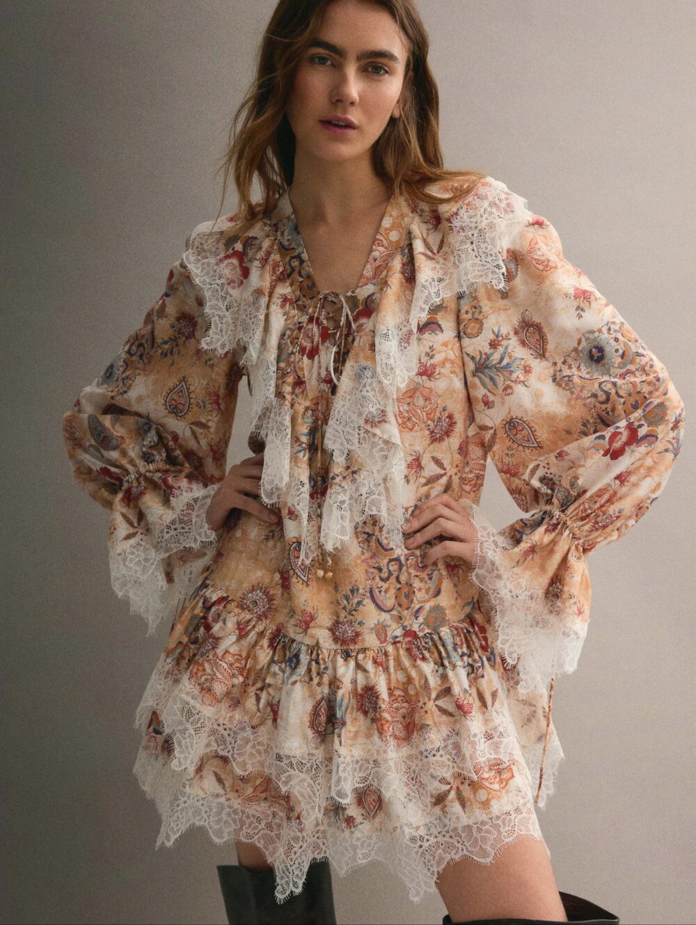 H&M Lace-Trimmed Dress Beige/Patterned Long Sleeve Mini Size M NWT